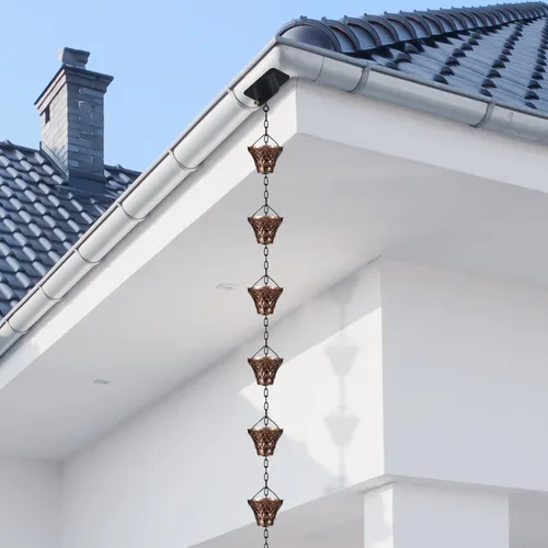 Vista 5 de Cadenas de Lluvia Adorafur para Canalones Exteriores de 1.75m Cadena de Atrapache de Lluvia de Cobre con 12 Tazas Decorativas de Reemplazo