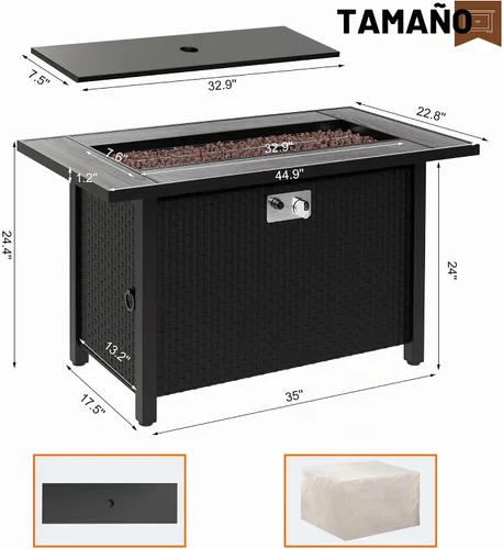 Vista 2 de Mesa para fogata de propano de 44 pulgadas, mesa rectangular de gas para exteriores de 50,000 BTU con tapa, cubierta impermeable, mesa rectangular