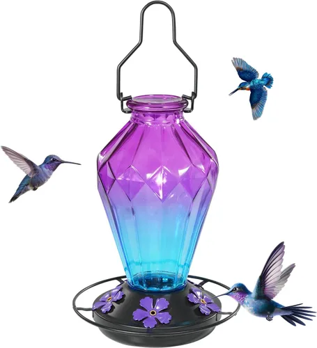 Vista 11 de Paquete de 2 comederos de vidrio para colibríes para colgar al aire libre, alimentador de néctar de colibríes de 25 onzas, perca, 5 puertos