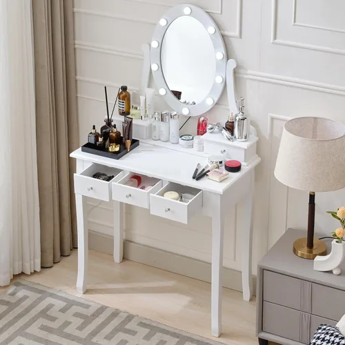 Vista 2 de okcomuy Mesa de tocador de maquillaje con espejo iluminado, tocador compacto con 5 cajones grandes para mujeres y niñas (blanco)