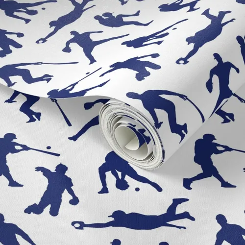 Vista 2 de Spoonflower Papel tapiz para despegar y pegar - Jugadores de béisbol Azul oscuro Deportes Hombres Thin Line Kids Papel pintado extraíble
