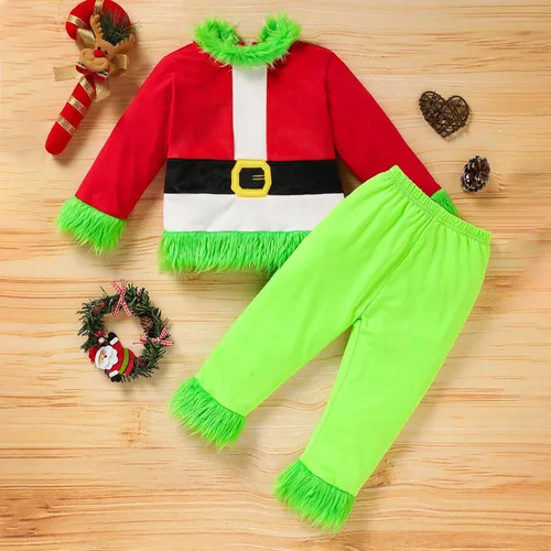 Vista 2 de Sinhoon Disfraz de Navidad para bebé niño y niña que robó traje de Grinchmas divertido verde y rojo Santa Grinch ropa y pantalones de forro polar