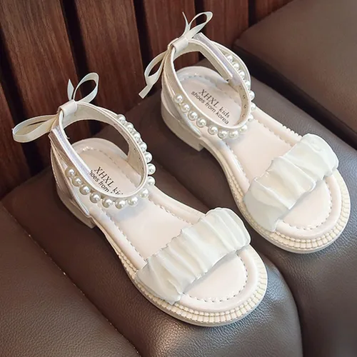 Vista 3 de synia Sandalias para niñas con velcro, sandalias suaves de tacón bajo con perlas, zapatos de verano para niños pequeñosniños grandes
