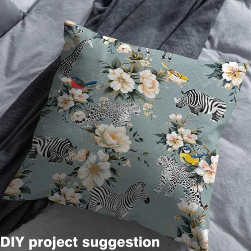 Vista 4 de Tela Leopardo por el Patio, Tela de Tapicería Negra, Blanca, Zebra Salvaje, Jirafa, Animal para Sillas y Sofás, Tela Azul con Hojas y Flores