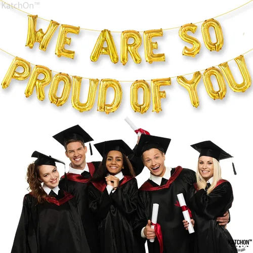 Vista 2 de KatchOn, Globos con texto en inglés "We Are So Proud Of You" de 16 pulgadas, globos dorados de felicitaciones We are so proud of you