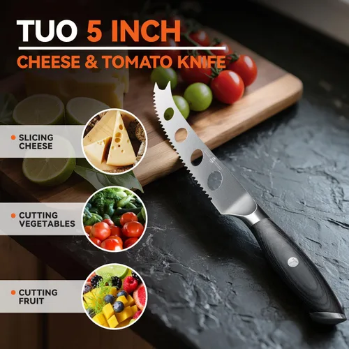 Vista 7 de TUO Cuchillo para cortar queso, cuchillo de tomate dentado de 5 pulgadas, con punta bifurcada y hoja antiadherente, acero alemán de alto carbono