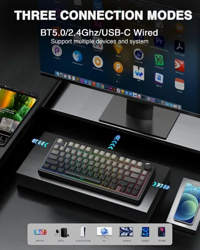 Vista 4 de AULA Combo de teclado y mouse inalámbricos, teclados mecánicos F75 Pro, 75% de junta teclado personalizado intercambiable en caliente+mouse