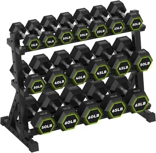 Vista 20 de HANDBODE Dumbbell Set with Rack, Rubber Coated Fixed Dumbbells 360-790 lbs Heavy Duty Hexagonal Weights, Non-Roll Hexagon Shape for Stability