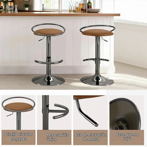 Vista 6 de Juego de 2 taburetes de bar, taburetes de bar giratorios ajustables con asiento tapizado, taburetes de mostrador de piel sintética para bar, isla
