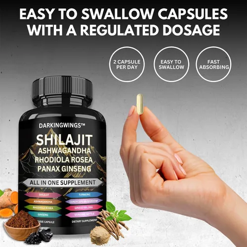 Vista 5 de 8 en 1 Shilajit 9000 Panax Ginseng 1500 MG Ashwagandha 2000 MG Rhodiola Rosea 1000MG, cúrcuma 500 MG, Gingko Biloba 500 mg, ortiga escozante 250 MG