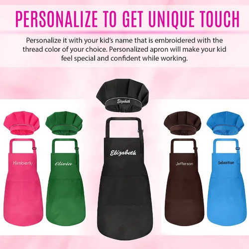 Vista 7 de Juego de delantal personalizado y sombrero de chef, bonito disfraz de chef para niños, delantales con bolsillos para cocinar, pintar, fiestas