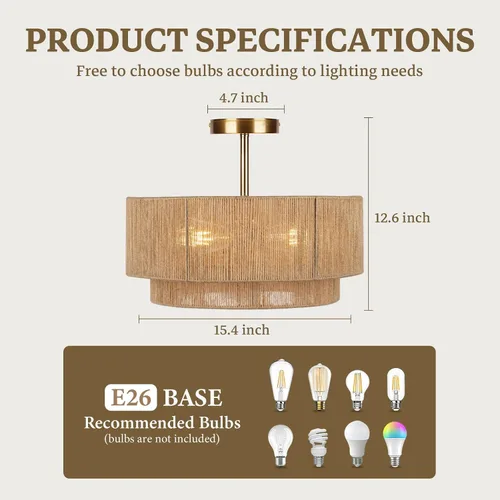 Vista 2 de Lámpara de techo semiempotrada de 16'', accesorios de iluminación bohemios, lámpara de techo empotrada de cuerda de cáñamo costera de 3 luces