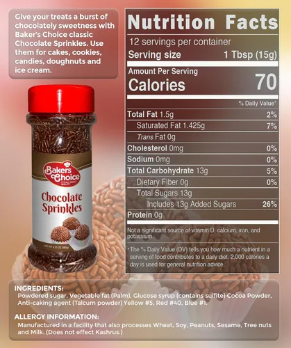 Vista 2 de Bakers Choice Chocolate Sprinkles for Ice Cream Toppings - Chocolate Jimmies Sprinkles for Baking - Dairy Free, Kosher 6.35 oz.
