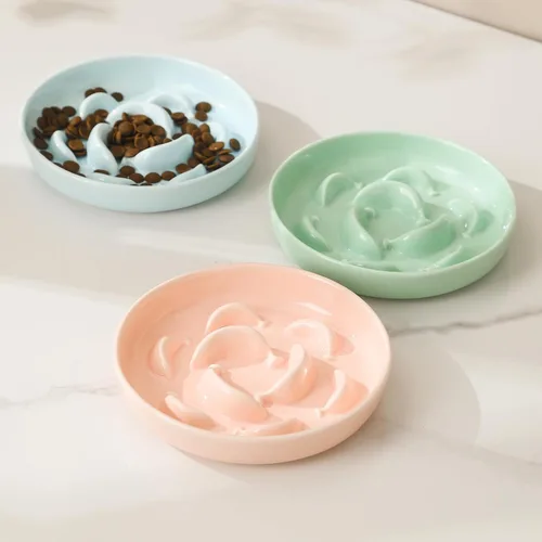 Vista 6 de Cuenco de cerámica del gato del alimentador lento, 6,3" alimentador Cuenco rosa pastel