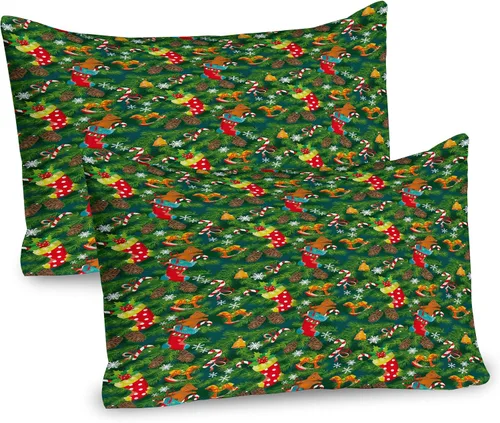 Vista 7 de Ambesonne Juego de 2 fundas de almohada navideñas, diseño de estrellas de Navidad y copos de nieve, letras retro, ropa de cama de microfibra