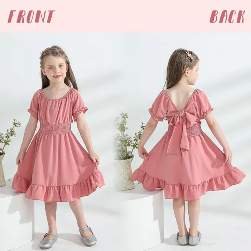 Vista 2 de YOUNGER TREE Vestido de fiesta para niña pequeña, con lazo en la espalda, manga corta, volantes, hombros descubiertos, vestido de fiesta casual