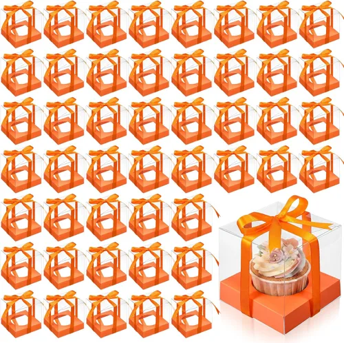 Vista 8 de Thenshop 50 cajas transparentes para cupcakes individuales de 3.5 pulgadas, cajas individuales de plástico para cupcakes con insertos y cinta