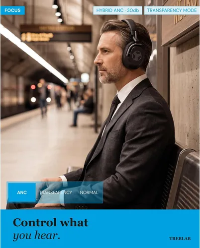 Vista 3 de TREBLAB U5 Auriculares con cancelación activa de ruido sobre la oreja, auriculares inalámbricos Bluetooth 5.3 con micrófono, batería de 65 horas