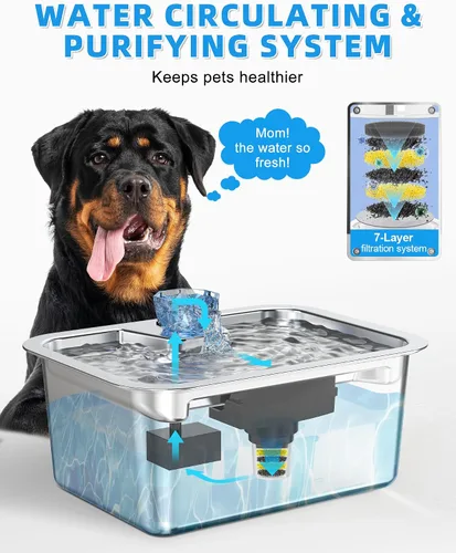 Vista 3 de Lesotc Fuente de agua para perros grande de 11L/3 galones, fuente de agua para mascotas grande de acero inoxidable con 4 filtros, dispensador