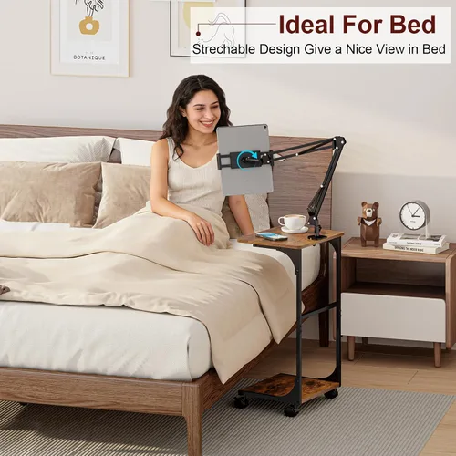 Vista 2 de Soporte de piso para tableta Kindle iPad con mesa auxiliar en forma de C, altura de ángulo ajustable, soporte para iPad Tablet Kindle para cama