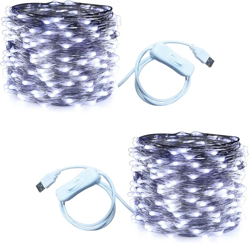 Vista 18 de RUICHEN Guirnalda de luces USB de 33 pies, 100 luces LED con interruptor de encendido/apagado (blanco cálido, paquete de 2)