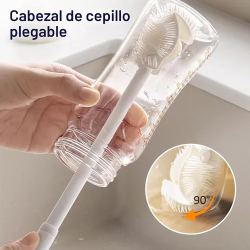 Vista 2 de Cepillo de silicona para botellas, cepillo de agua flexible de cerdas suaves de 360° con mango largo, cepillo de limpieza de tapa de taza para 1