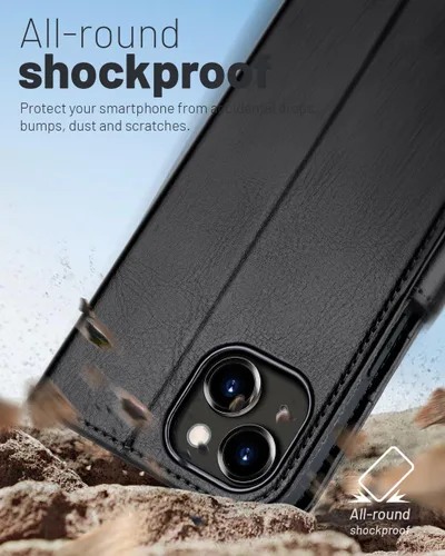 Vista 6 de OCASE Funda tipo cartera compatible con iPhone 15 Plus, de piel sintética, con tarjetero, bloqueo RFID, soporte para teléfono