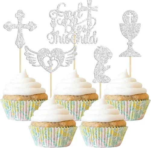 Vista 18 de Gyufise Decoración para pastel de primera comunión para bautismo cristiano, decoración religiosa de Dios bendiga Baby Shower para niños, decoración