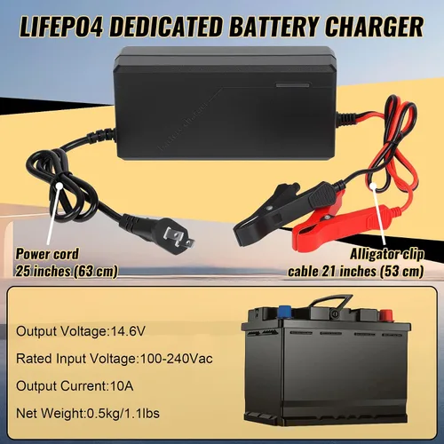 Vista 2 de Cargador de batería LiFePO4 de 14.6V 10A para baterías de fosfato de hierro y litio de 12 V, carga rápida, alta eficiencia, indicador LED, diseño