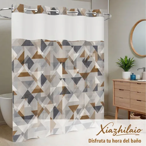 Vista 7 de No Hook Geometric Shower Curtain with Snap in Liner - 71″W x 74″L Waterproof Fabric with Mesh Top Window, Modern Abstract Triangle Design Bath