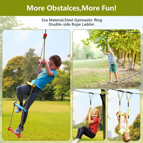 Vista 13 de Ninja Warrior - Carrera de obstáculos para niños, kit de línea floja de 2 x 56 pies con 10 accesorios ninja, barra de mono, escalera de cuerda
