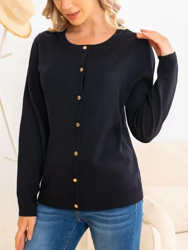 Vista 3 de SHADOW & SKY Suéter de punto de manga larga con cuello redondo para mujer, con botones, clásico, color liso, suave