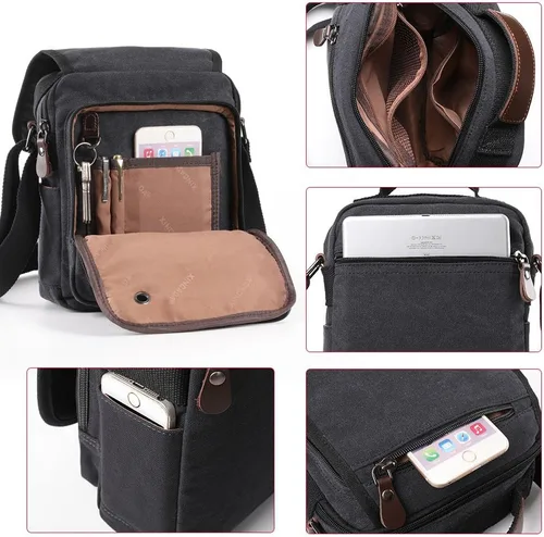 Vista 6 de XINCADA Bolso de mensajero para hombre, bolso de hombro de lona, bolso de viaje, bolso cruzado para el trabajo, negocios, Carbón negro