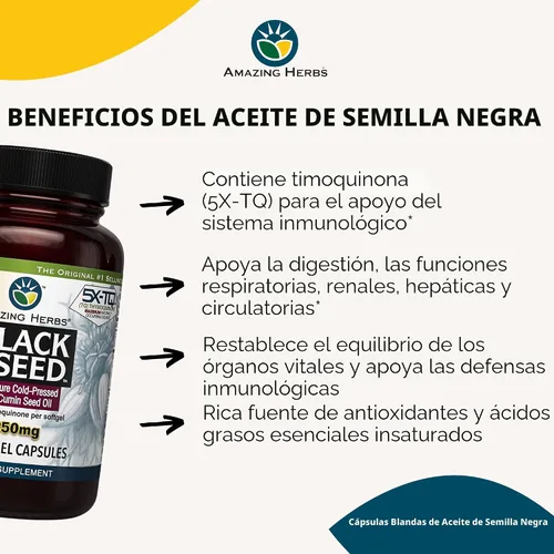 Vista 6 de Amazing Herbs Cápsulas de aceite de semilla negra de alta potencia, prensado en frío, ayuda a la salud digestiva, apoyo inmunológico y función