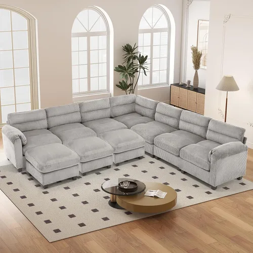 Vista 85 de HAOMARKETS Sofá esquinero modular en forma de L de 115 pulgadas con 2 otomanas móviles, sofás de pana de 8 plazas con cojín grueso para sala de Beige