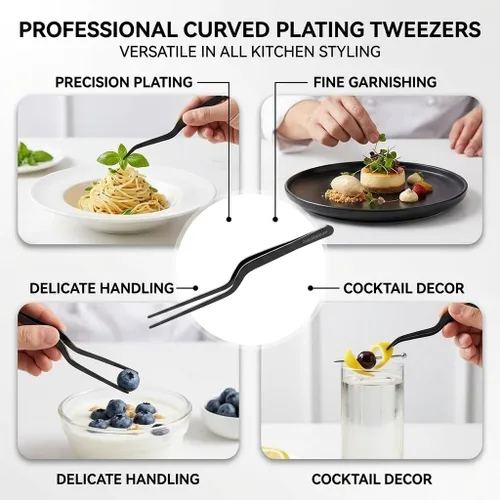 Vista 3 de CREATIVECHEF Pinzas multifunción curvadas de acero inoxidable de 8 pulgadas para cocina de precisión (curvadas, negras)