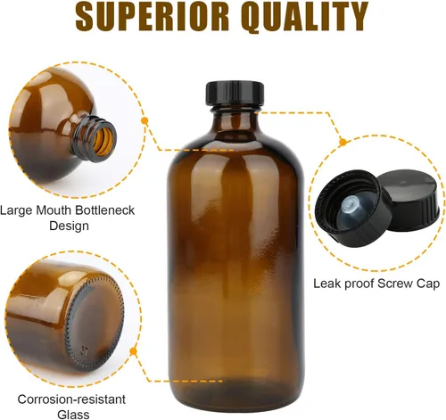 Vista 5 de Maredash Botellas de vidrio de 16 onzas, paquete de 12 botellas de almacenamiento de vidrio ámbar con tapas, botella de vidrio ámbar, botellas