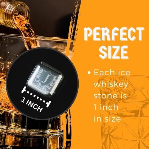 Vista 7 de Juego de regalos de piedras de whisky con inicial para hombres y mujeres, 4 piezas de rocas de whisky de acero inoxidable con bolsa y pinzas, cubos