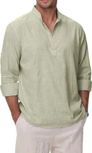 Vista 12 de Camisas de Algodón y Lino para Hombres Ligeras Casuales de Manga Larga Henley Playa Hawaianas Tops