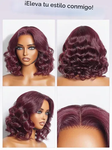 Vista 7 de LUVME HAIR Peluca Bob de Cabello Humano Borgoña 99J de 10'', Peluca de Cierre de Encaje HD Sin Pegamento Precortada y Predepilada, Elegante Rojo