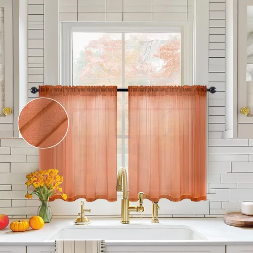 Vista 26 de MIULEE Cortinas semitransparentes 24 pulgadas de largo 2 paneles para ventana de cocina sobre el fregadero, cortinas cortas pequeñas de café