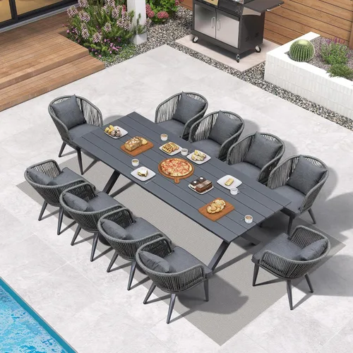 Vista 29 de PURPLE LEAF Juego de muebles para patio de 7 piezas, juego de mesa y sillas de mimbre para exteriores, marco rectangular de aluminio para jardín