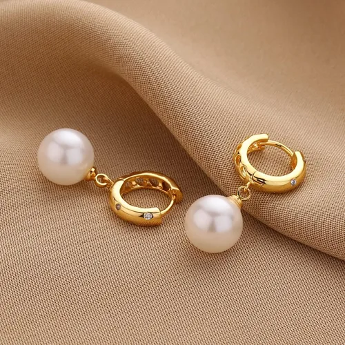 Vista 5 de XYJZXY Elegantes aretes de aro de perlas de imitación Aretes colgantes ligeros de perlas de imitación para mujer Joyas de boda con perlas