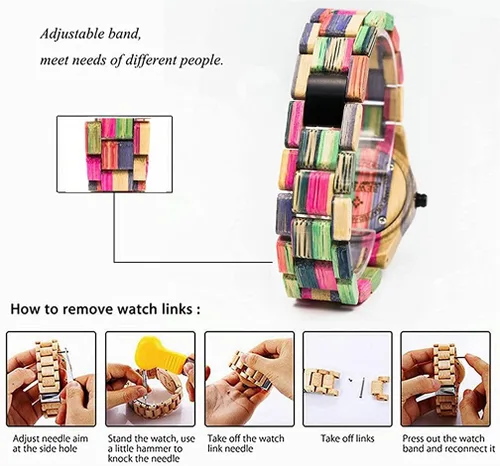 Vista 5 de Reloj de madera hecho a mano Reloj de madera de bambú colorido natural reloj de pulsera analógico de cuarzo rosa rojo
