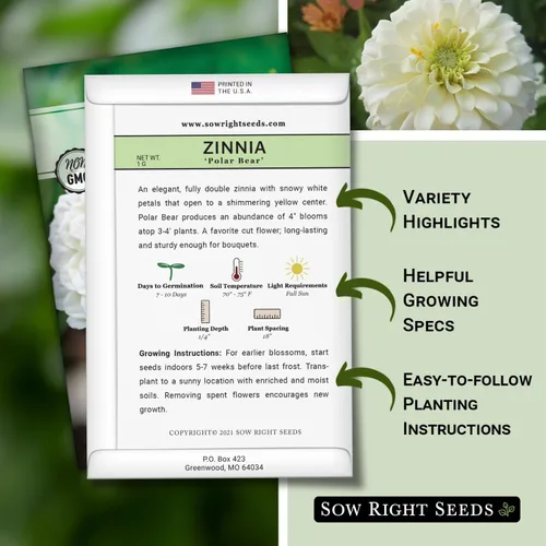 Vista 2 de Sow Right Seeds - Semillas de flores de oso polar Zinnia para plantar - Hermosas flores para plantar en el jardín de tu casa - Paquete de reliquia