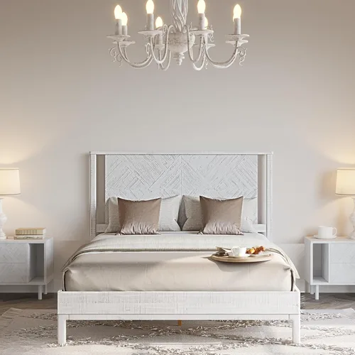 Vista 13 de Bme Ethan - Base de cama Queen con cabecera de diamante, moderna de mediados de siglo, madera de acacia maciza, no necesita somier, se adapta a