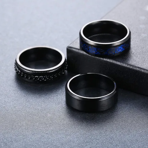 Vista 8 de Jstyle Juego de 3 anillos giratorios de acero inoxidable de titanio para hombres y mujeres, cadena griega, llavero griego, anillo para boda