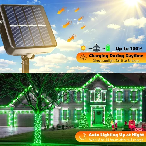 Vista 2 de Joomer Luces Solares Navideñas en Cadena, 39 pies, 100 LED, luces impermeables para exteriores con 8 modos de luces centelleantes para jardín