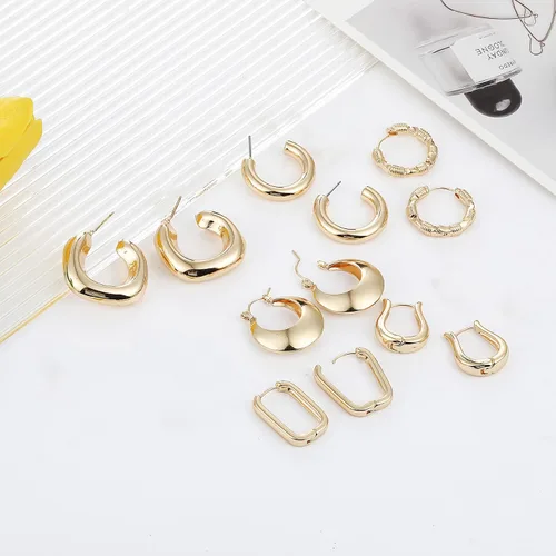 Vista 6 de Juego de 6 pares de aretes de aro de oro de 14 quilates para mujer, ligeros, gruesos, gruesos, gruesos, abiertos, trenzados, para regalar.