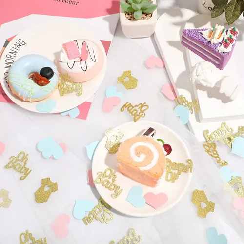 Vista 5 de Sumind 240 piezas de confeti de revelación de género, decoraciones de mesa Formas de ropa de texto con forma de corazón de papel con purpurina azul